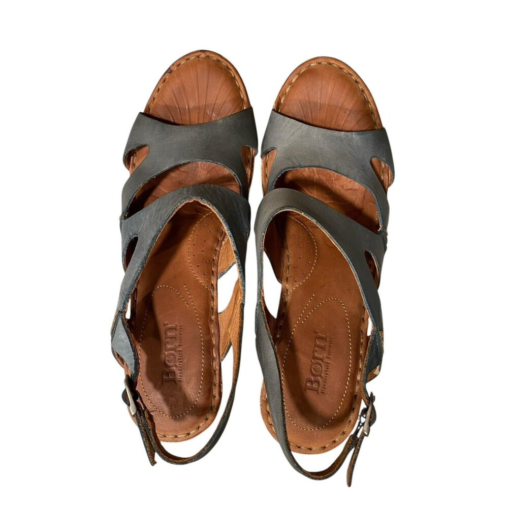 Born Leather Cork Wedge Sandals Womens 9 Blue Gray Slingback Comfort Platform - Picture 2 of 9